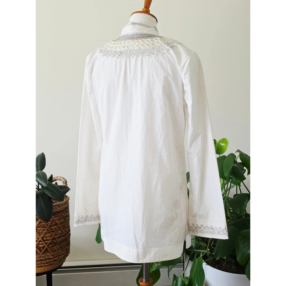 Tory Burch Ivory Cotton Mirror Embroidered Tunic Top Silver Metallic Womens 8